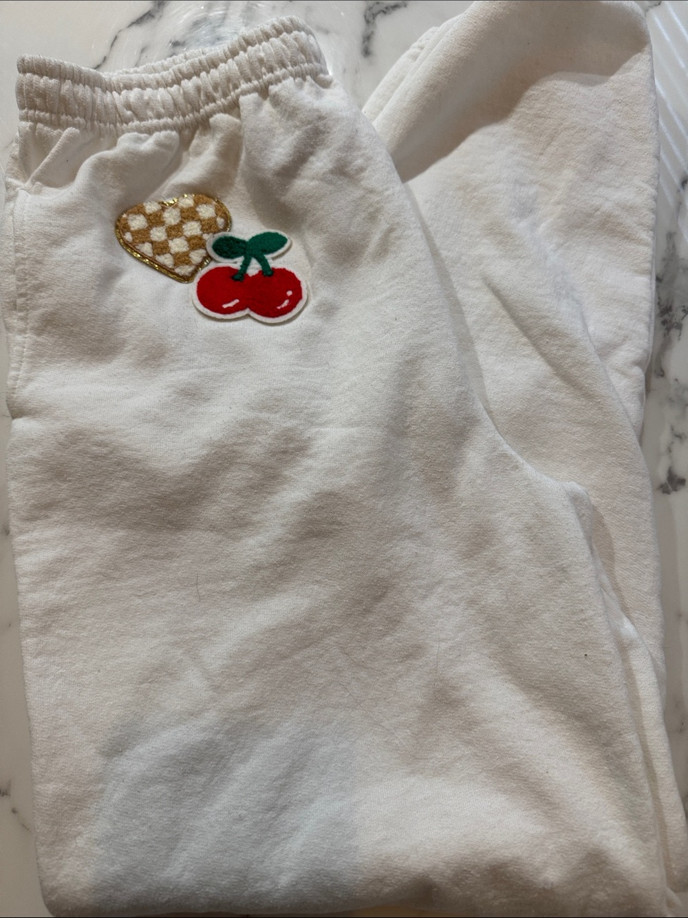 Gildan White Joggers with Red Cherry & Gold Heart Patch